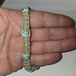 (4 For $30) Hand Crafted Tan Bracelet with Green Pottery Floral Beads